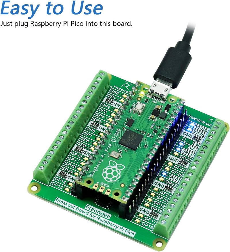 FREENOVE Breakout Board for Raspberry Pi Pico 1 2 W H WH, Terminal Block Shield HAT with Pin Header, GPIO Status LED - Image 2